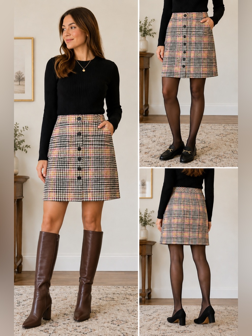 Talbots Womens Size 8 Plaid A-Line Skirt Button Front Houndstooth Wool Blend